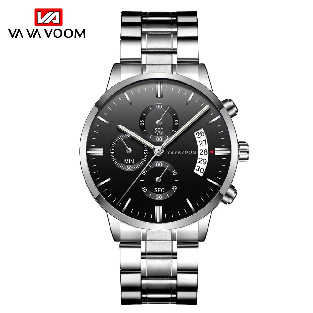 Men's Stainless Steel With Business Casual Calendar Quartz Watch Waterproof Black Fine Steel