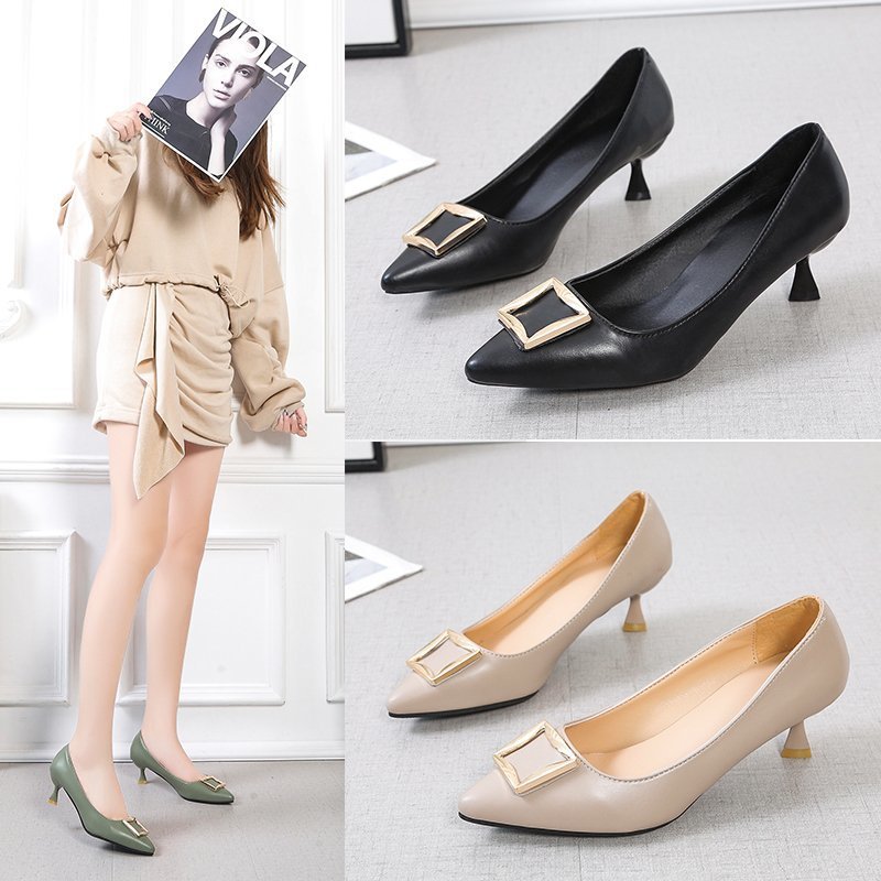 Women's Pointed Leather Square Buckle Shoes