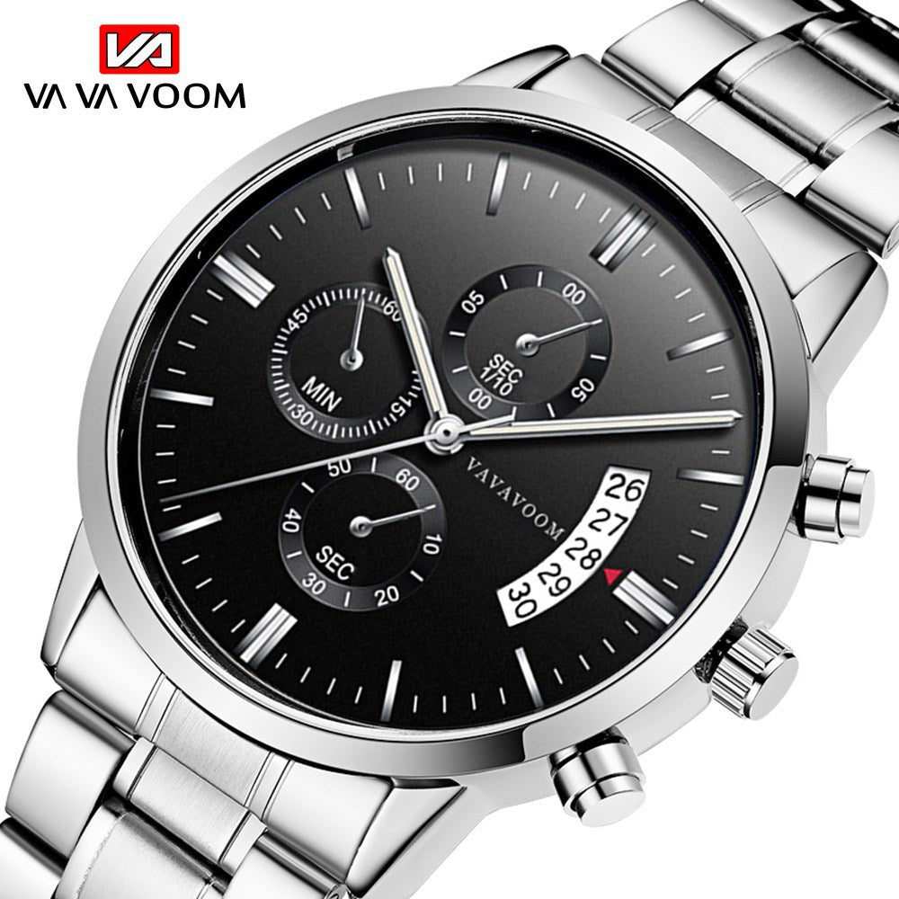 Men's Stainless Steel With Business Casual Calendar Quartz Watch Waterproof Black Fine Steel