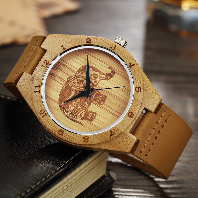 Classic Elephant Leather Retro Simple Bamboo Wood Quartz Watch