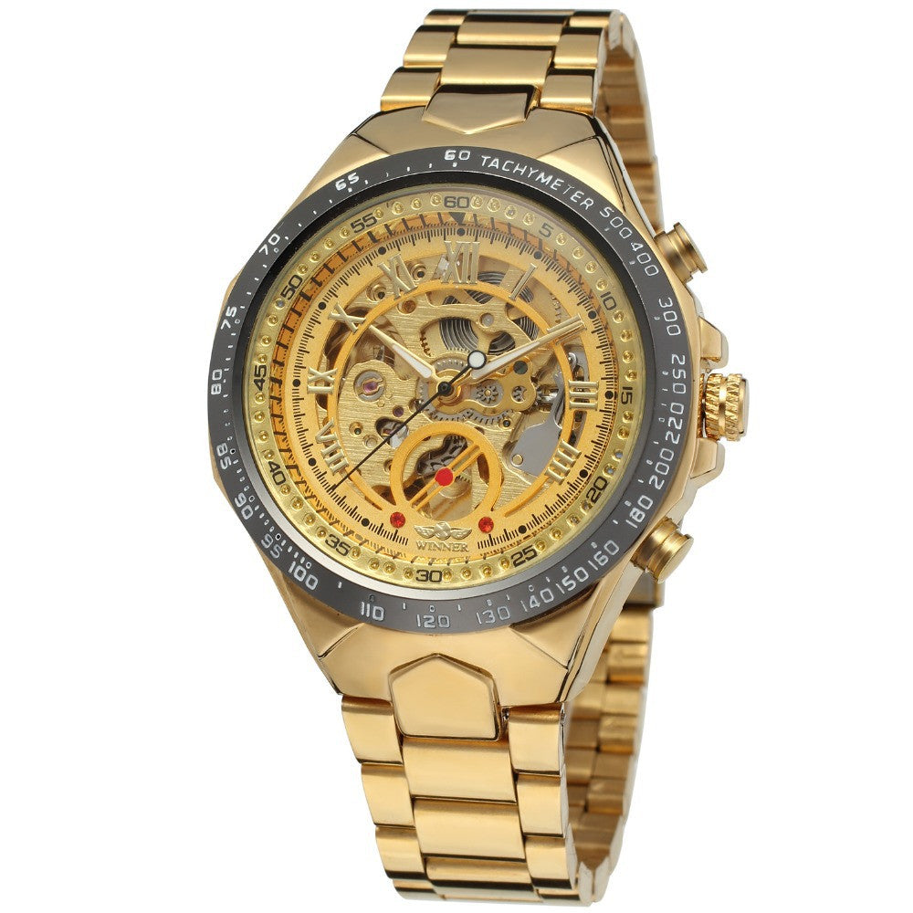 WINNER men's personality fashion gold watch all steel hollow automatic mechanical watch