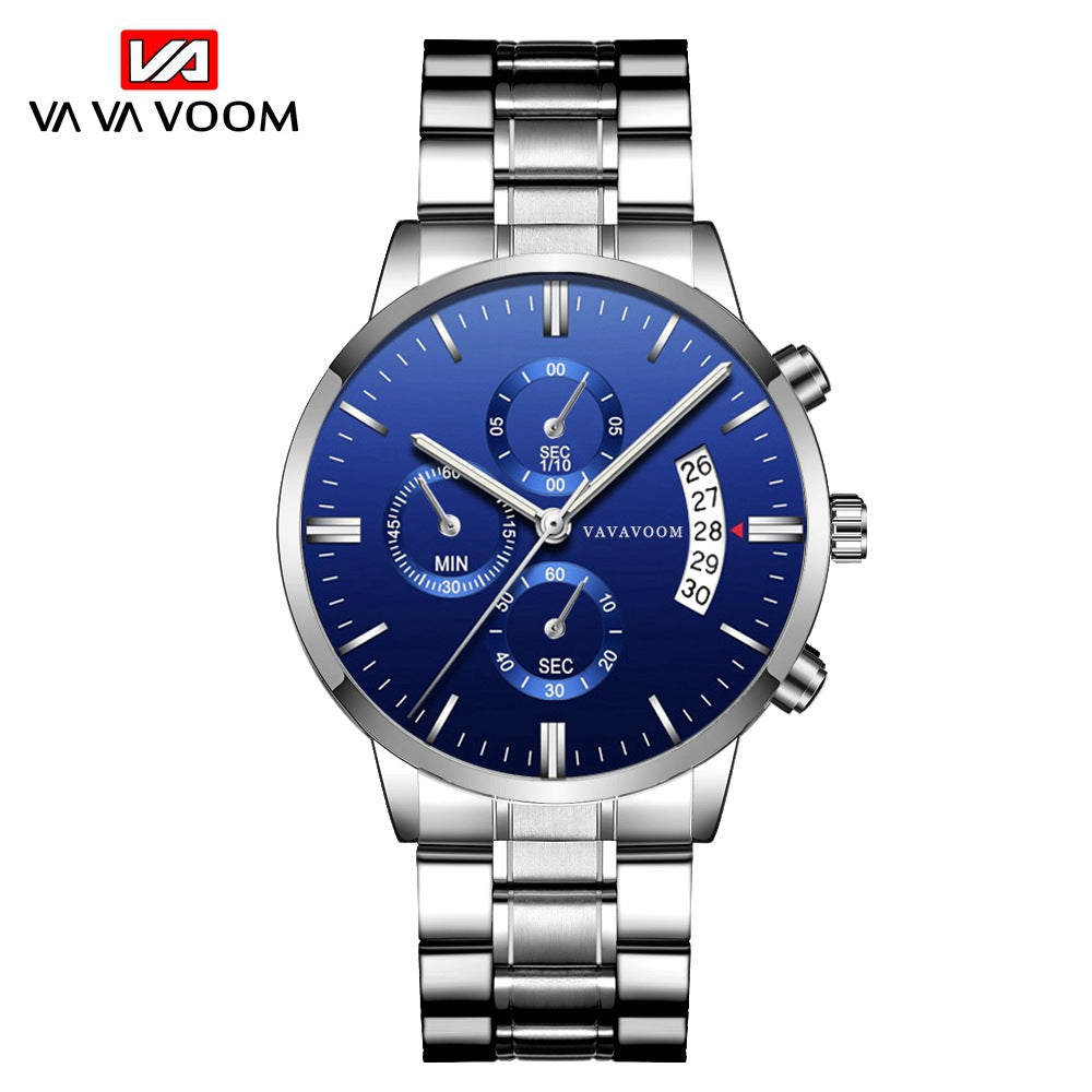 Men's Stainless Steel With Business Casual Calendar Quartz Watch Waterproof Black Fine Steel