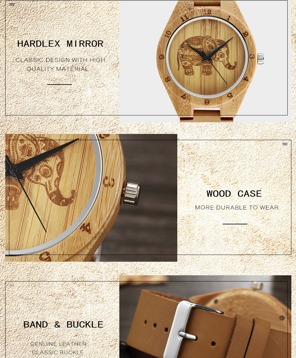 Classic Elephant Leather Retro Simple Bamboo Wood Quartz Watch