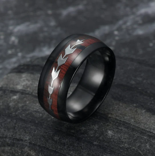 Stainless Steel Wood Grain Arrow Inlaid Ring