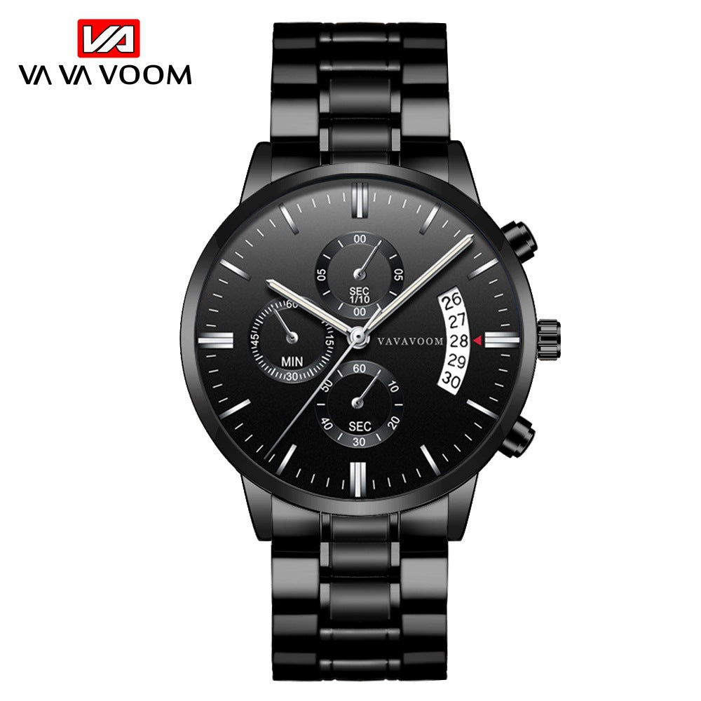 Men's Stainless Steel With Business Casual Calendar Quartz Watch Waterproof Black Fine Steel