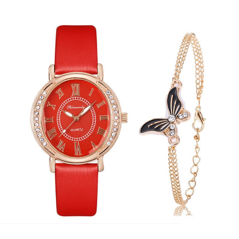 Women's Leather Strap With Quartz Fashion Inlaid Rhinestones