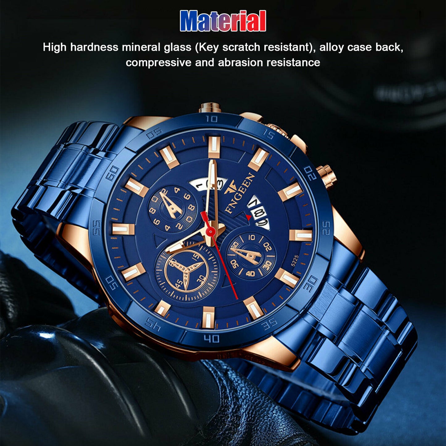 Men's Watch Stainless Steel Quartz Classic Business Wristwatch For Men - Blue