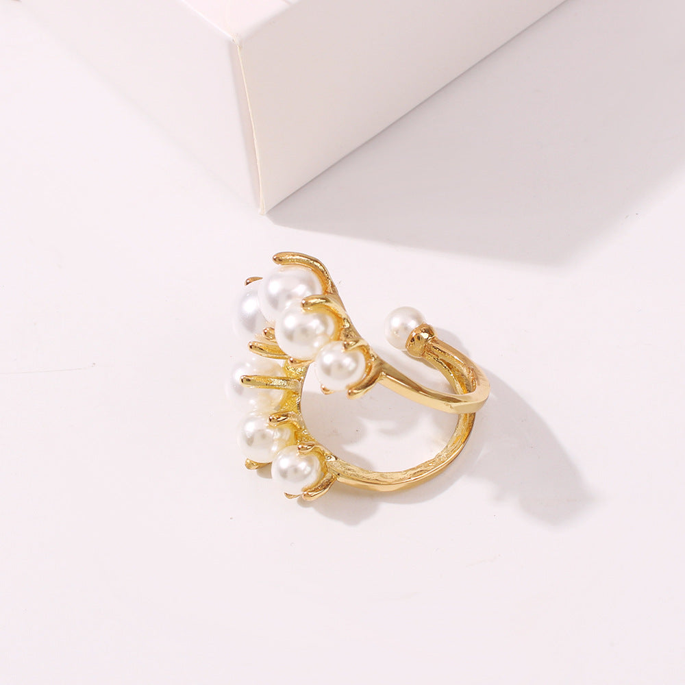 Big Geometric Pearl Paved Ring