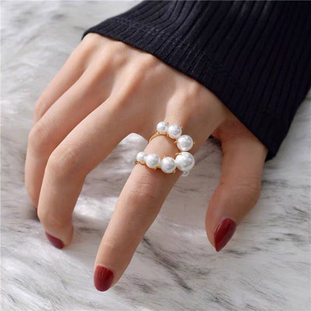 Big Geometric Pearl Paved Ring