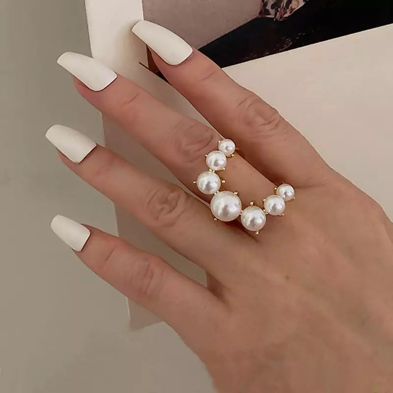 Big Geometric Pearl Paved Ring